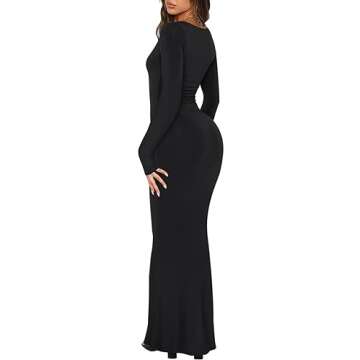 REORIA Womens Sexy Casual Scoop Square Neck Long Sleeve Soft Lounge Long Dress Fall Wedding Guest Elegant Ribbed Bodycon Maxi Dresses Black Small