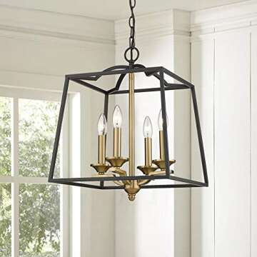 Emliviar 4 Light Foyer Chandelier, Lantern Pendant Light Cage Hanging Light for Entryway Dining Room, Black and Gold Finish, 2086P-4 BG