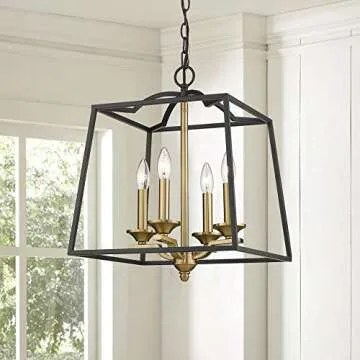 Emliviar 4 Light Foyer Chandelier, Lantern Pendant Light Cage Hanging Light for Entryway Dining Room, Black and Gold Finish, 2086P-4 BG