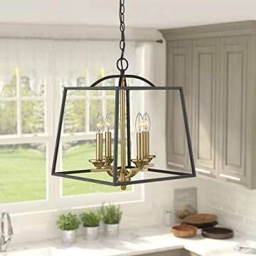 Emliviar 4 Light Foyer Chandelier, Lantern Pendant Light Cage Hanging Light for Entryway Dining Room, Black and Gold Finish, 2086P-4 BG