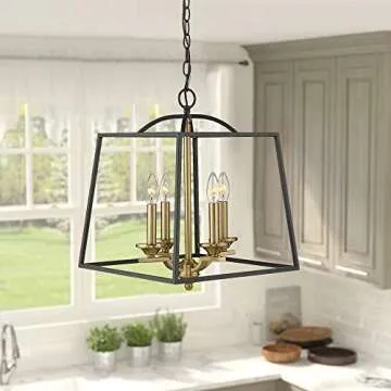 Emliviar 4 Light Foyer Chandelier, Lantern Pendant Light Cage Hanging Light for Entryway Dining Room, Black and Gold Finish, 2086P-4 BG