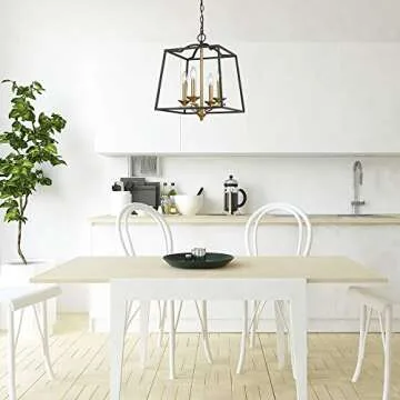 Emliviar 4 Light Foyer Chandelier, Lantern Pendant Light Cage Hanging Light for Entryway Dining Room, Black and Gold Finish, 2086P-4 BG