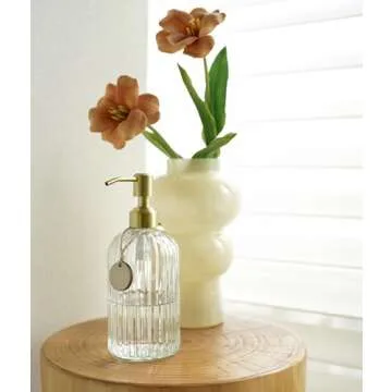 JASAI 18Oz Glass Soap Dispenser with Golden Pump for Kitchen,Refillable Liquid Hand Soap Dispenser with Vertical Stripe, Clear Soap Dispenser Bathroom for Hand soap, Dish Soap, Lotion