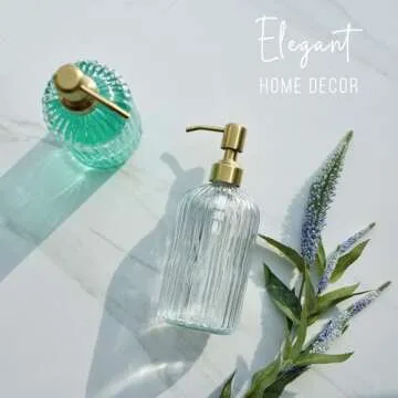 JASAI 18Oz Glass Soap Dispenser with Golden Pump for Kitchen,Refillable Liquid Hand Soap Dispenser with Vertical Stripe, Clear Soap Dispenser Bathroom for Hand soap, Dish Soap, Lotion