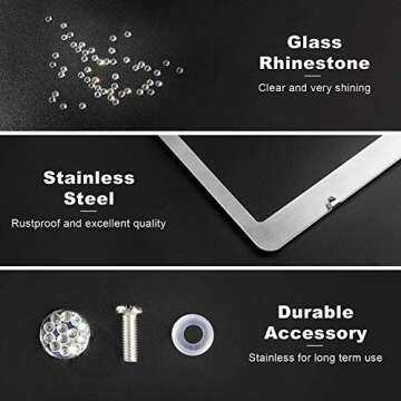 Tchipie 1 Pack Bling Rhinestone License Plate Frames, Bedazzled Sparkly Cute Diamond Car License Plate Frame, Glitter Crystal Tag Caps, Stainless Steel Holder(White)