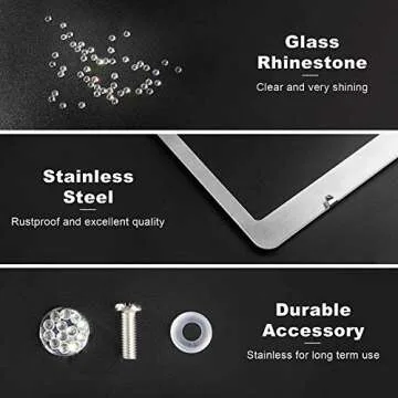 Tchipie 1 Pack Bling Rhinestone License Plate Frames, Bedazzled Sparkly Cute Diamond Car License Plate Frame, Glitter Crystal Tag Caps, Stainless Steel Holder(White)