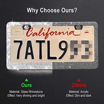 Tchipie 1 Pack Bling Rhinestone License Plate Frames, Bedazzled Sparkly Cute Diamond Car License Plate Frame, Glitter Crystal Tag Caps, Stainless Steel Holder(White)