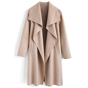 CHICWISH Women's Wide Lapel Open Front Long Sleeve Sand Beige Wool Blend Trench Coat