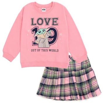 Star Wars Grogu Fleece Sweatshirt & Skirt Set for Girls - Pink Plaid 7-8