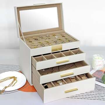 Jewelry Box with Transparent lid, 4-Layer Jewelry Organizer with 3 Drawers, 4 Watch Pillows and Glas...