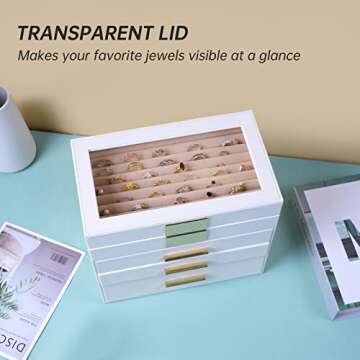 Jewelry Box with Transparent lid, 4-Layer Jewelry Organizer with 3 Drawers, 4 Watch Pillows and Glasses Compartment, Jewelry Storage Box, Watch Display, Gifts, White