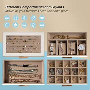 Jewelry Box with Transparent lid, 4-Layer Jewelry Organizer with 3 Drawers, 4 Watch Pillows and Glasses Compartment, Jewelry Storage Box, Watch Display, Gifts, White