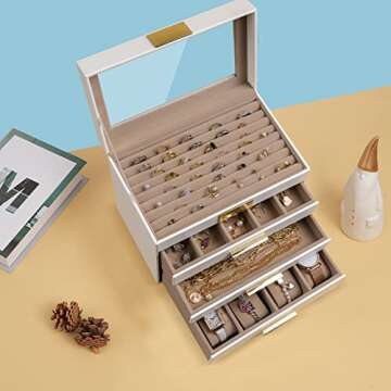 Jewelry Box with Transparent lid, 4-Layer Jewelry Organizer with 3 Drawers, 4 Watch Pillows and Glasses Compartment, Jewelry Storage Box, Watch Display, Gifts, White