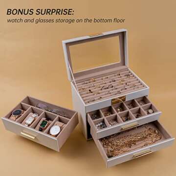 Jewelry Box with Transparent lid, 4-Layer Jewelry Organizer with 3 Drawers, 4 Watch Pillows and Glasses Compartment, Jewelry Storage Box, Watch Display, Gifts, White