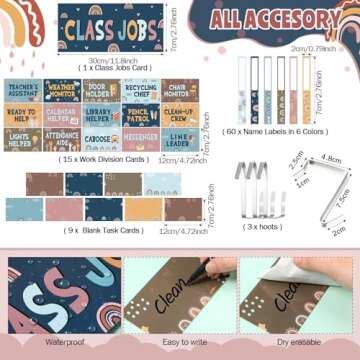 Fulmoon 86 Pcs Class Jobs Pocket Chart Set Teacher's Helper Boho Classroom Management Educational Pocket Chart Boho Classroom Bulletin Board Decor for Back to School Supplies (Boho Style)