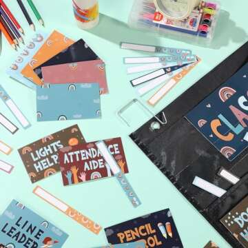 Fulmoon 86 Pcs Class Jobs Pocket Chart Set Teacher's Helper Boho Classroom Management Educational Pocket Chart Boho Classroom Bulletin Board Decor for Back to School Supplies (Boho Style)