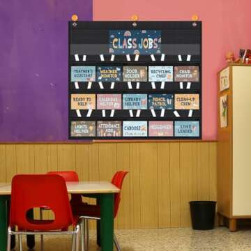 Fulmoon 86 Pcs Class Jobs Pocket Chart Set Teacher's Helper Boho Classroom Management Educational Pocket Chart Boho Classroom Bulletin Board Decor for Back to School Supplies (Boho Style)