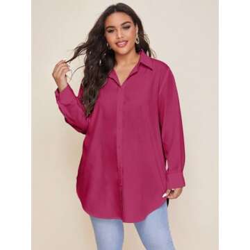 WDIRARA Plus Size Button Up Curve Hem Office Blouse