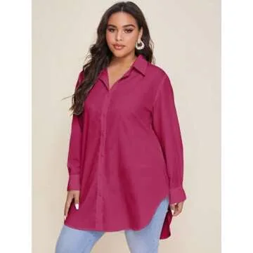 WDIRARA Plus Size Button Up Curve Hem Office Blouse