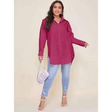 WDIRARA Plus Size Button Up Curve Hem Office Blouse