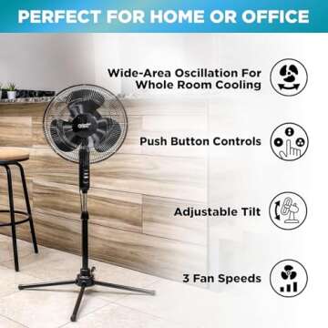 Comfort Zone Electric Oscillating Pedestal Fan, Stand Fan, 16 inch, 3 Speed, 90 Degree Oscillating H...