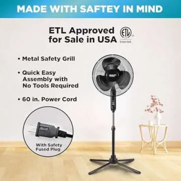 Comfort Zone Electric Oscillating Pedestal Fan, Stand Fan, 16 inch, 3 Speed, 90 Degree Oscillating Head, Adjustable Height and Tilt, Airflow 7.48 ft/sec, Ideal for Home, Bedroom & Office, CZST161BTEBK