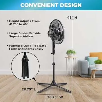Comfort Zone Electric Oscillating Pedestal Fan, Stand Fan, 16 inch, 3 Speed, 90 Degree Oscillating Head, Adjustable Height and Tilt, Airflow 7.48 ft/sec, Ideal for Home, Bedroom & Office, CZST161BTEBK