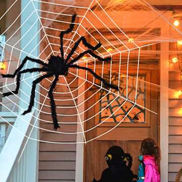 Joyjoz Halloween Decorations With 110 Sqft Giant Spider Web, 60” Big Fake Large Spider for Scary Halloween Yard Door & Outdoor Decor, Halloween Party Favor