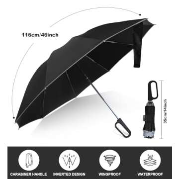 QWB TUMAAOTU Inverted Umbrella with Carabiner Handle, Wind Proof Umbrellas For Rain, 46 Inch Portable Reverse Folding Umbrella, Car Umbrella for Women Men, 10 Ribs (black)