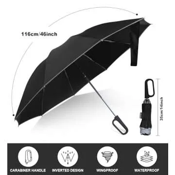 QWB TUMAAOTU Inverted Umbrella with Carabiner Handle, Wind Proof Umbrellas For Rain, 46 Inch Portable Reverse Folding Umbrella, Car Umbrella for Women Men, 10 Ribs (black)