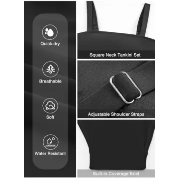 Aleumdr Women's Tankini Swimsuit Set Square Neck Vintage Tummy Control Push Up with High Waisted Bottom Black Large