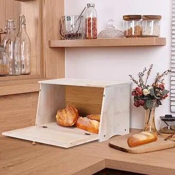 HOMEKOKO Vintage Large Wood Bread Box for Kitchen Counter, Retro Design Single Layer Bamboo Large Capacity Food Storage Bin (White)