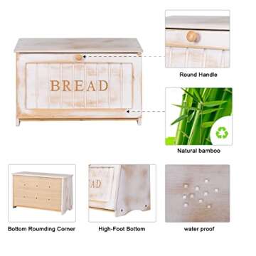 HOMEKOKO Vintage Large Wood Bread Box for Kitchen Counter, Retro Design Single Layer Bamboo Large Capacity Food Storage Bin (White)
