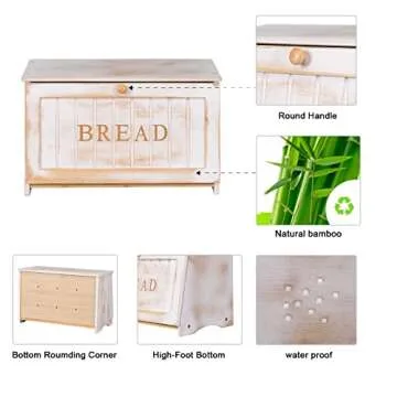 HOMEKOKO Vintage Large Wood Bread Box for Kitchen Counter, Retro Design Single Layer Bamboo Large Capacity Food Storage Bin (White)