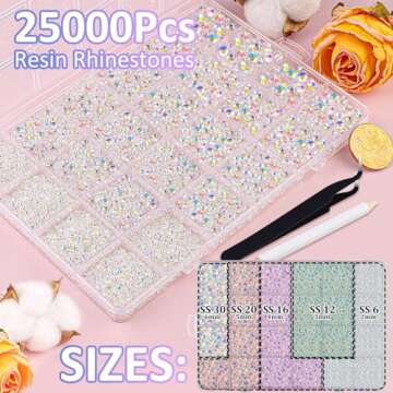 25000Pcs Resin Jelly Rhinestones with Tweezers for Crafting, Transparent AB Flatback Gems, Bedazzlin...