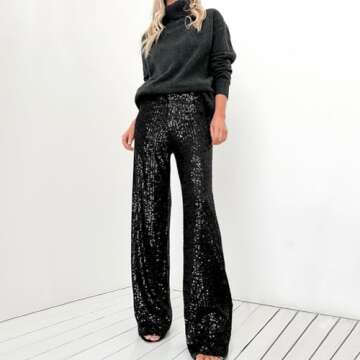 ODIZLI Black Women Sequin Wide Leg Pants Glitter Sparkle Dance Pants Women Sequence Pants for Ladies...