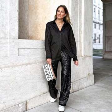 ODIZLI Black Women Sequin Wide Leg Pants Glitter Sparkle Dance Pants Women Sequence Pants for Ladies Sparkly Black Pants Dance Disco Costume Clubwear Party Bell Bottom Leggings Black M