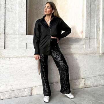 ODIZLI Black Women Sequin Wide Leg Pants Glitter Sparkle Dance Pants Women Sequence Pants for Ladies Sparkly Black Pants Dance Disco Costume Clubwear Party Bell Bottom Leggings Black M