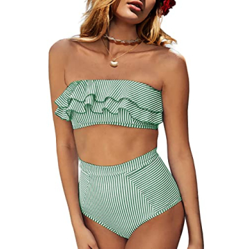 Saodimallsu High Waisted Bikini Sets for Women Bandeau Ruffle Swimsuits Top Striped Sexy Two Piece S...