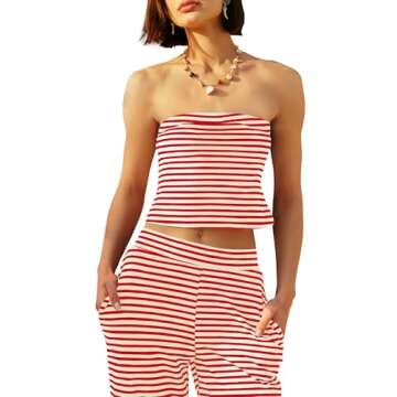 Panadila Womens Striped Two Piece Sets Summer Lounge Outfits Sailor Tube Top and Pants Matching Set ...
