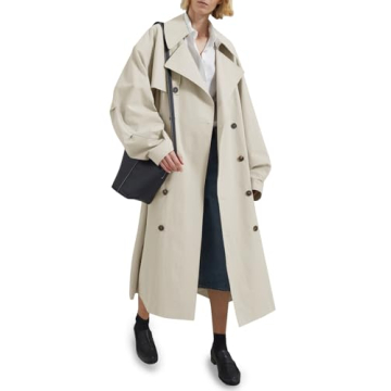 Tankaneo Womens Double Breasted Long Trench Coat - Stylish Oversized Overcoat with Belt