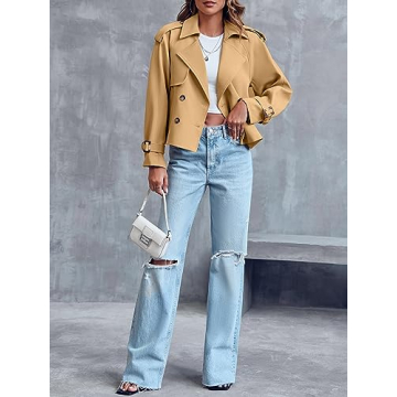 Women's Cropped Trench Coat Double Breasted Office Jacket