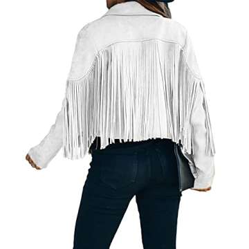 ebossy Women's Suede Fringe Jacket Long Sleeve Slim Faux Leather Boyfriend Cropped Top with Tassles (Medium,White)