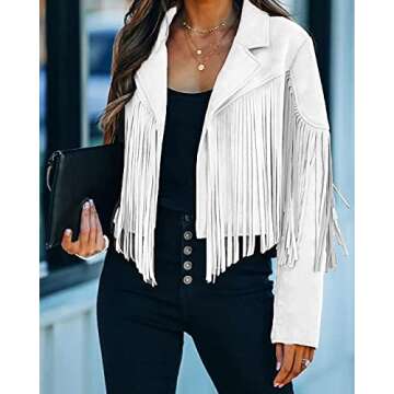 ebossy Women's Suede Fringe Jacket Long Sleeve Slim Faux Leather Boyfriend Cropped Top with Tassles (Medium,White)