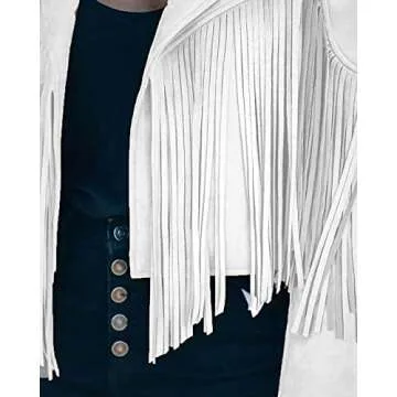 ebossy Women's Suede Fringe Jacket Long Sleeve Slim Faux Leather Boyfriend Cropped Top with Tassles (Medium,White)