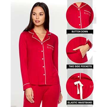 bebe Womens Button down Long Sleeve Shirt and Pajama Pants Lounge Sleep Set (Cabernet, Large)