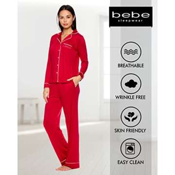 bebe Womens Button down Long Sleeve Shirt and Pajama Pants Lounge Sleep Set (Cabernet, Large)