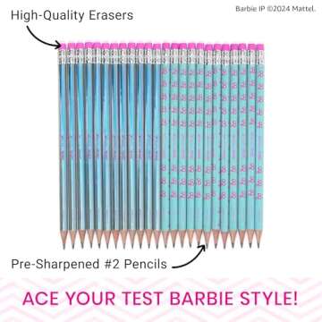 Yoobi Barbie X 2 Pencils – Pre-Sharpened Pencils with Pink Erasers in Cute Pastel & Metallic Color...
