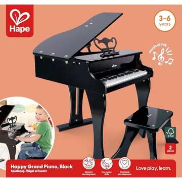 Hape Classic Grand Black Piano - 30 Kid-Sized Keys Toy