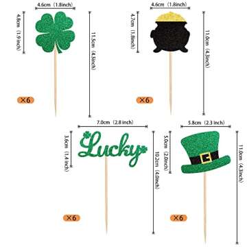 24 Pack St.Patrick's Day Cupcake Toppers Green Glitter Top Hat Lucky Four leaf clover Cupcake Food P...